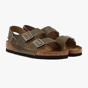 Birkenstock Milano Faded Khaki Oiled Leather Men Tan Sandals with Buckles